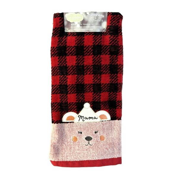 Red Black Plaid Mama & Papa Bear Bath Hand Towel Set (2) 100% Cotton Velour NEW - Picture 2 of 5